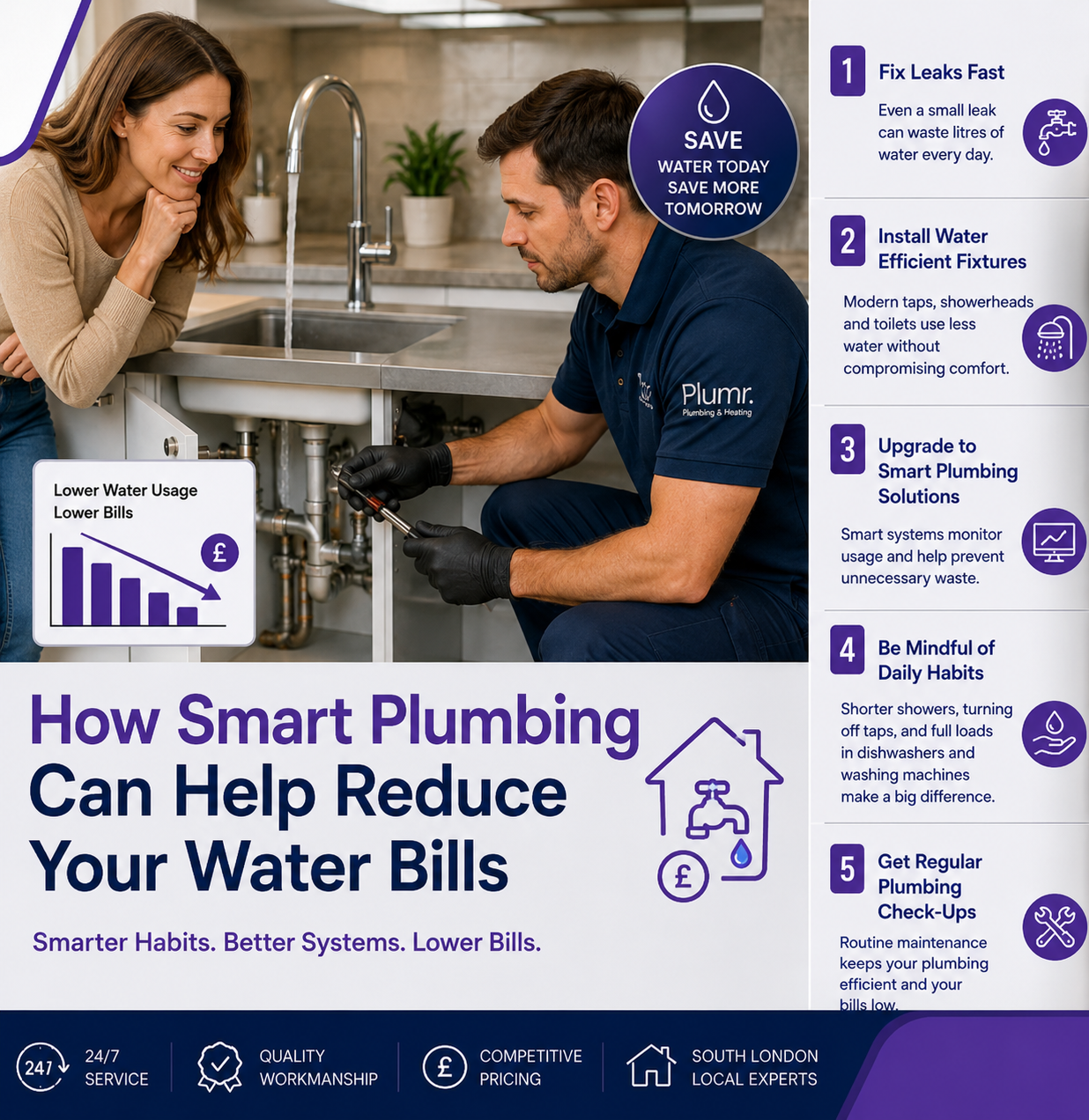 Plumber helping reduce household water bills with smart plumbing solutions and water-saving tips