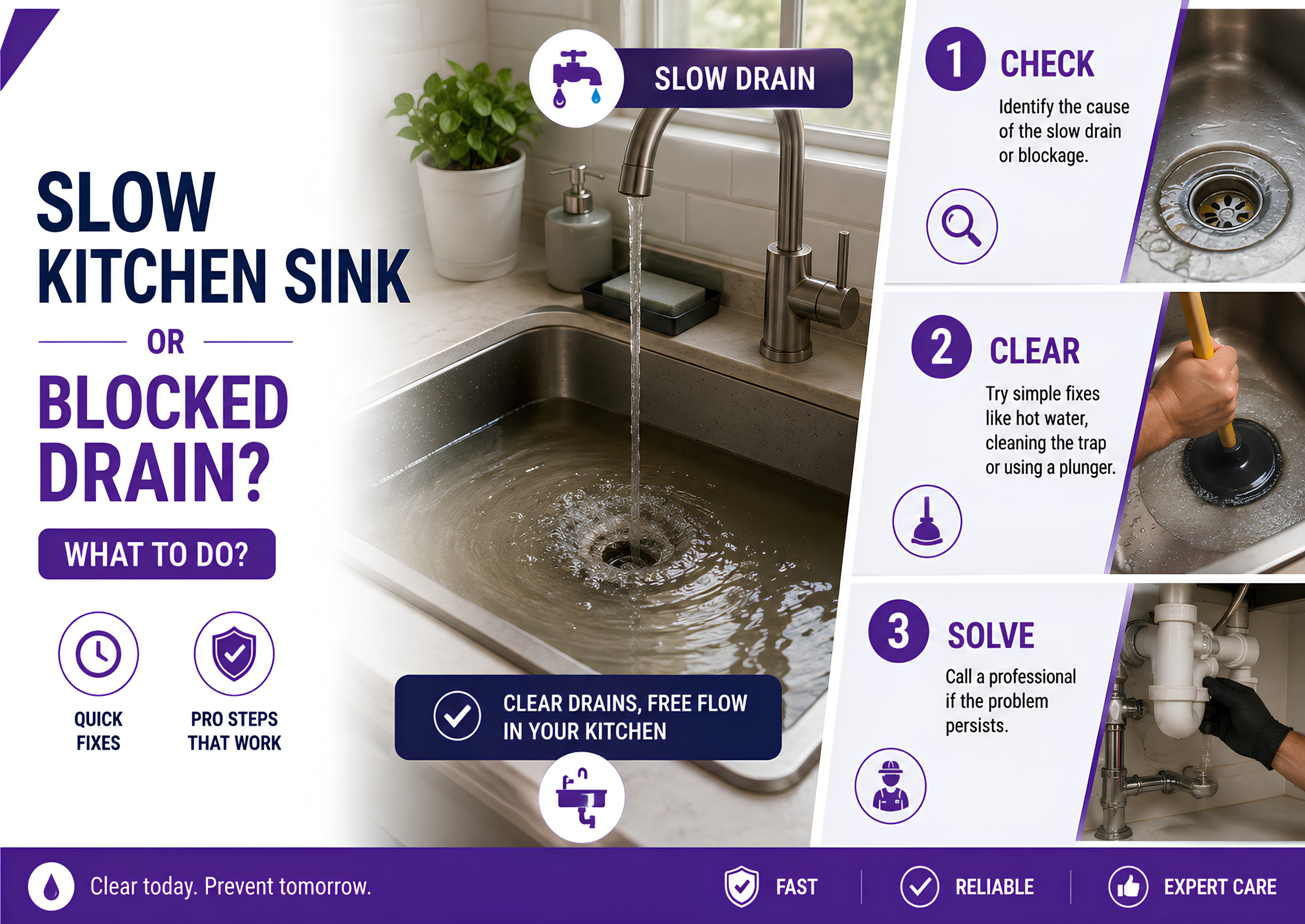 Slow kitchen sink with DIY drain fixing steps.