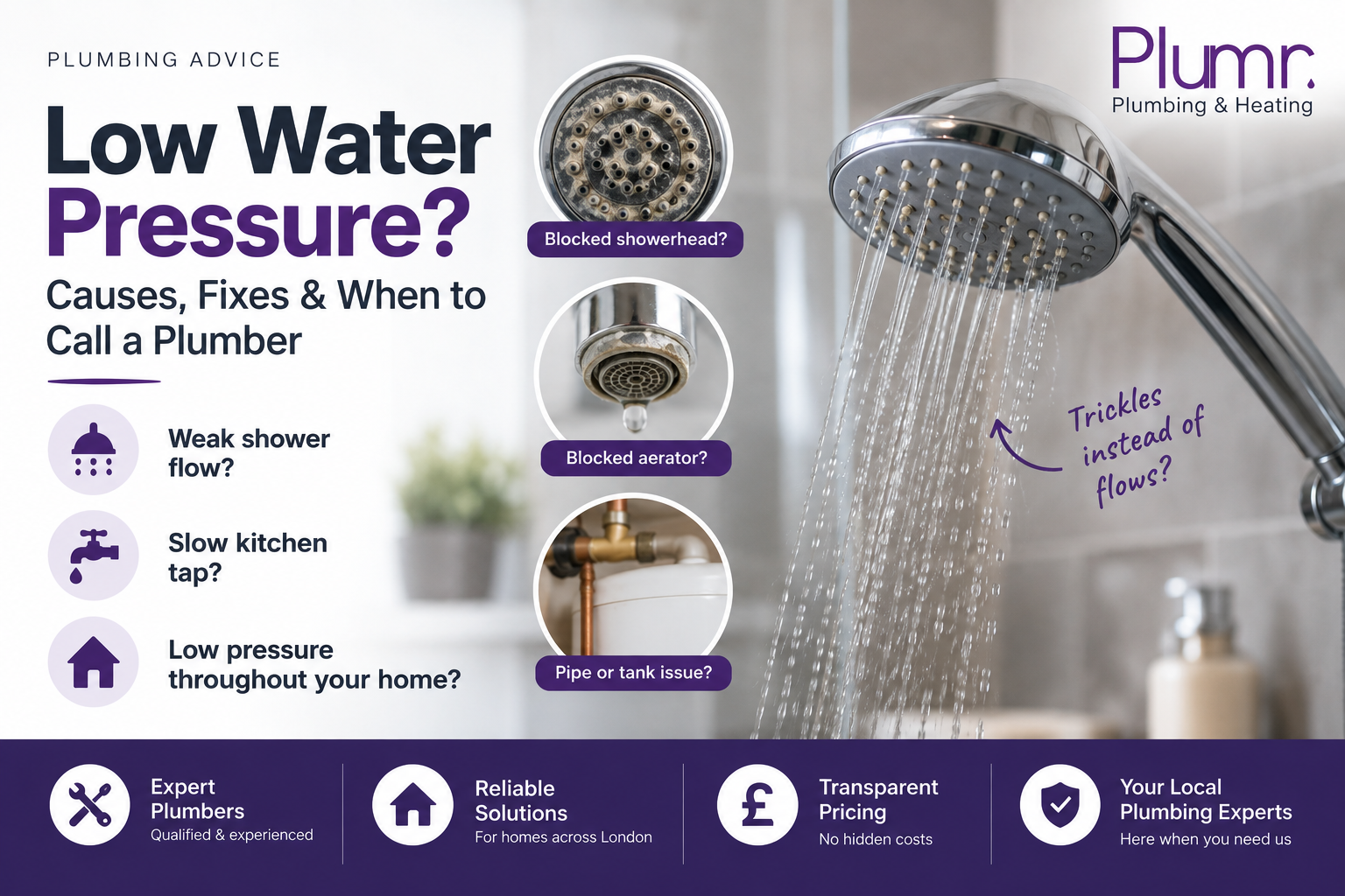 Low water pressure in shower with plumbing repair guidance from Plumr Plumbing & Heating