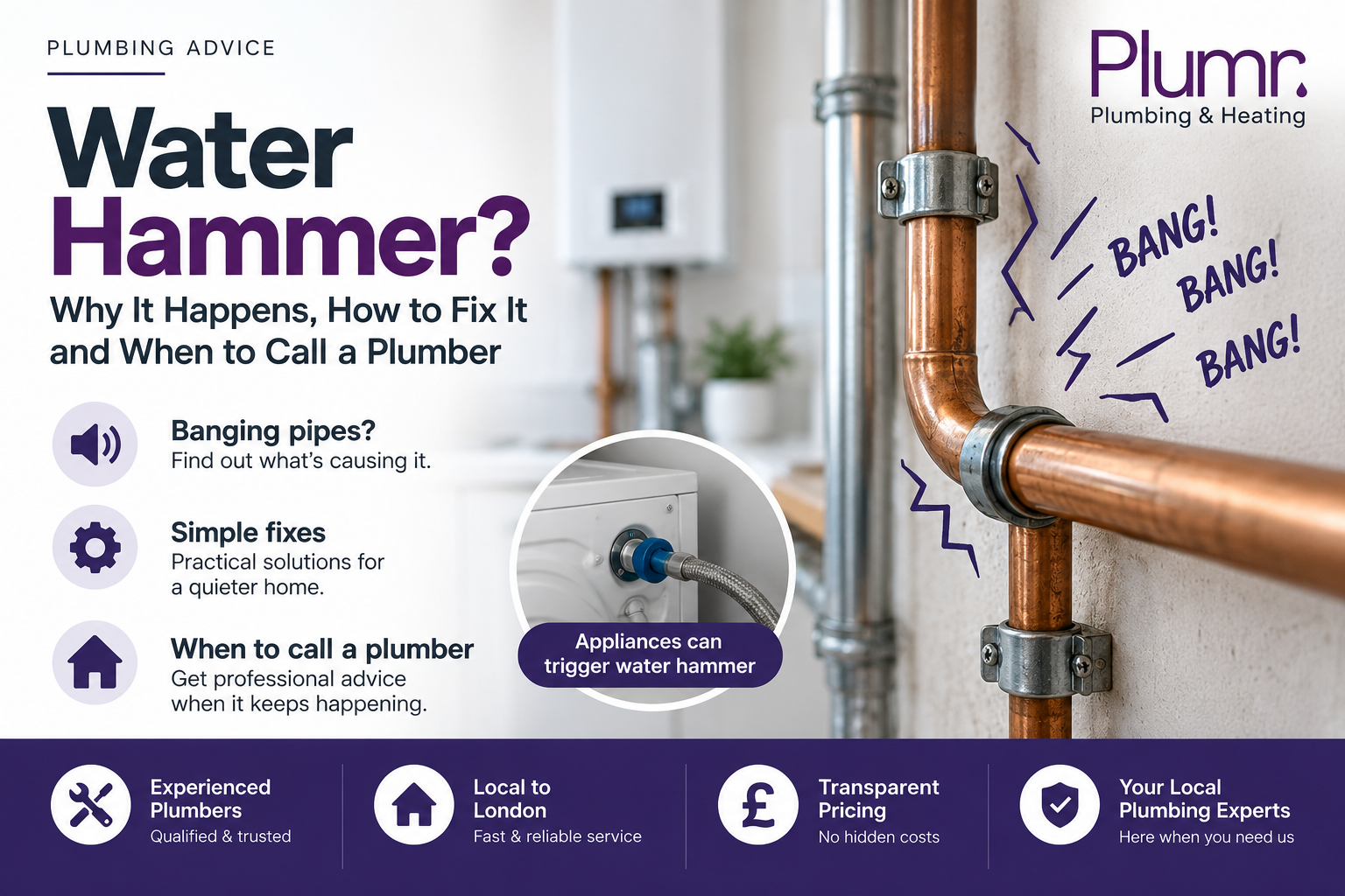 Water hammer causing banging pipes in a home with Plumr Plumbing & Heating